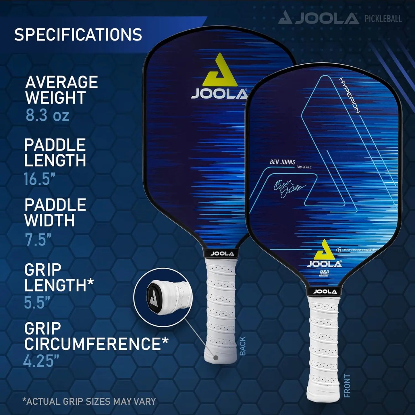 JOOLA Ben Johns Hyperion Pickleball Paddle - Carbon Surface & Sure-Grip Elongated Handle - Increased Power and Spin - Carbon Fib