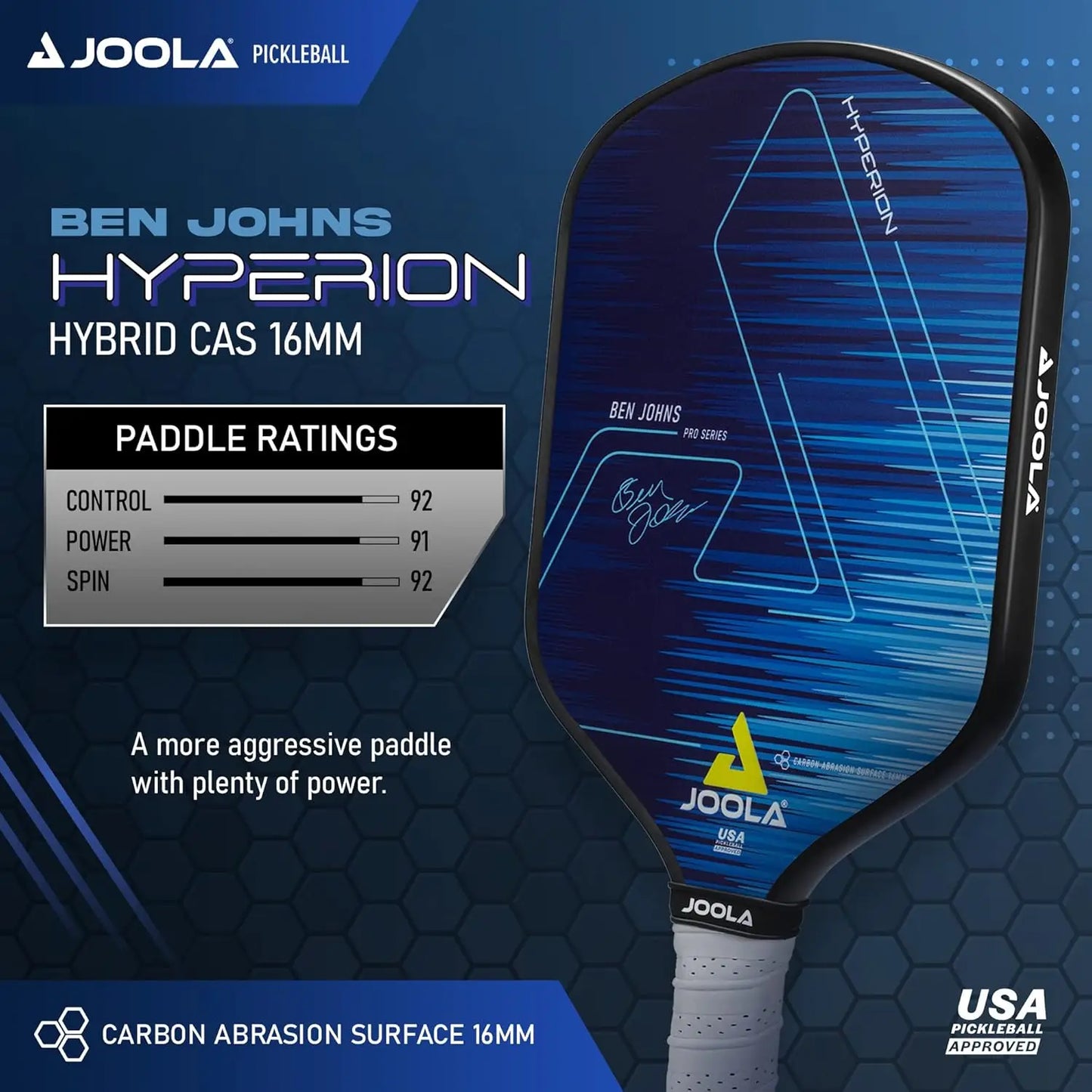 JOOLA Ben Johns Hyperion Pickleball Paddle - Carbon Surface & Sure-Grip Elongated Handle - Increased Power and Spin - Carbon Fib