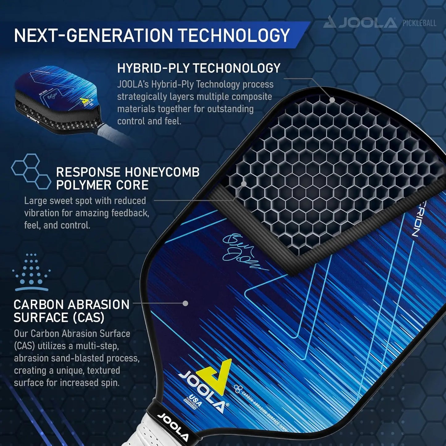 JOOLA Ben Johns Hyperion Pickleball Paddle - Carbon Surface & Sure-Grip Elongated Handle - Increased Power and Spin - Carbon Fib