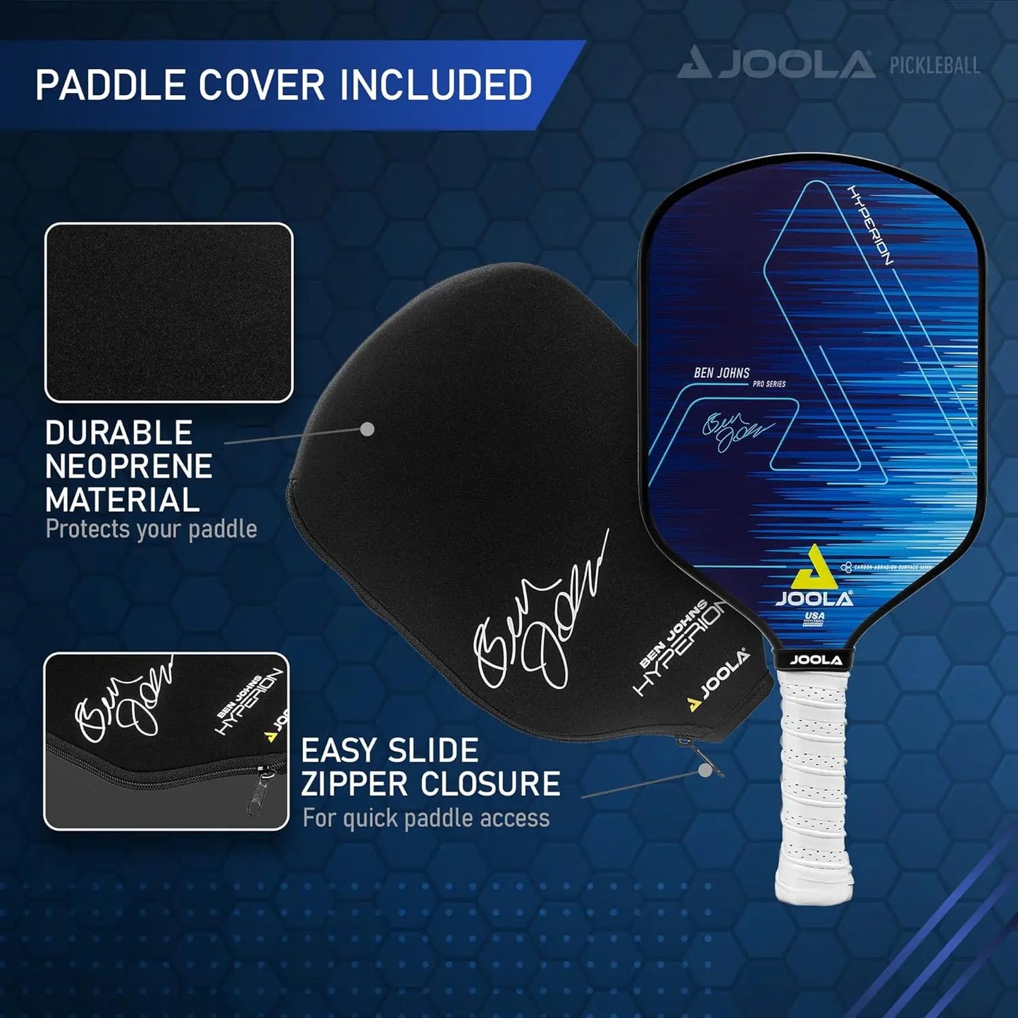 JOOLA Ben Johns Hyperion Pickleball Paddle - Carbon Surface & Sure-Grip Elongated Handle - Increased Power and Spin - Carbon Fib