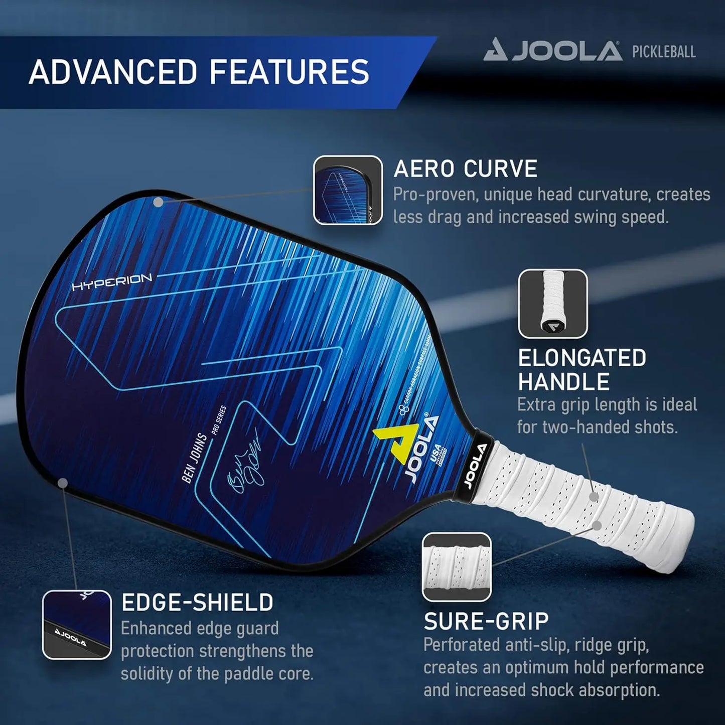 JOOLA Ben Johns Hyperion Pickleball Paddle - Carbon Surface & Sure-Grip Elongated Handle - Increased Power and Spin - Carbon Fib